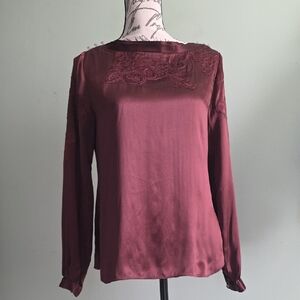 Tahari Burgundy Long Sleeve Silk Soho Blouse